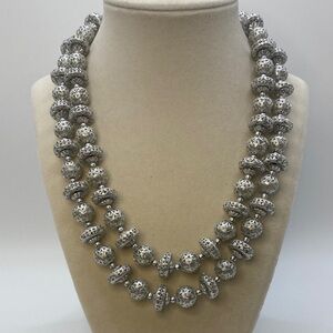 Vintage Double Strand Lightweight Silver Tone Filigree Beaded Necklace Hong Kong